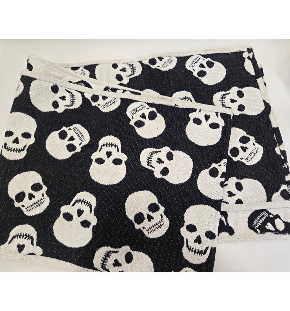 Halloween Table Runner Black Cream Skulls Reversible 90 Inch Gothic Skeleton